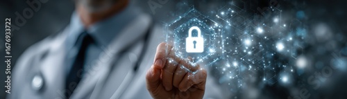 Doctor holding secure medical pad with digital lock, protecting patient data and privacy in healthcare