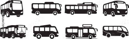 Bus vector icons set, public transport illustration, city vehicle silhouette design