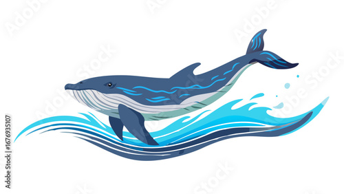 Stylized blue whale breaching through waves ocean water