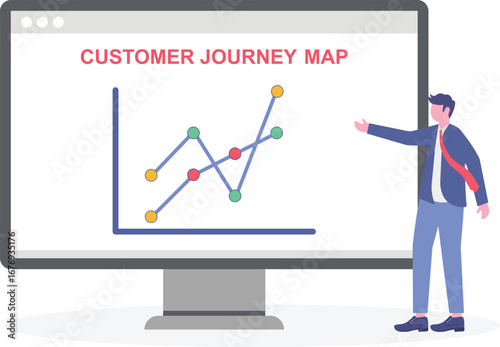 Vector illustration of team discussing customer journey map on whiteboard user experience design

