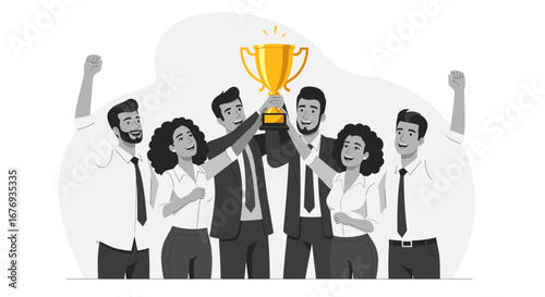 business team celebrating success vector illustration, group holding trophy, achievement concept, flat vector 