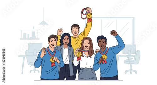 Teamwork Success Illustration: Happy Office Workers Celebrate Victory with Medals, Vector Design