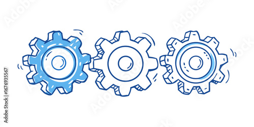 Three blue gears interlocking machinery mechanical