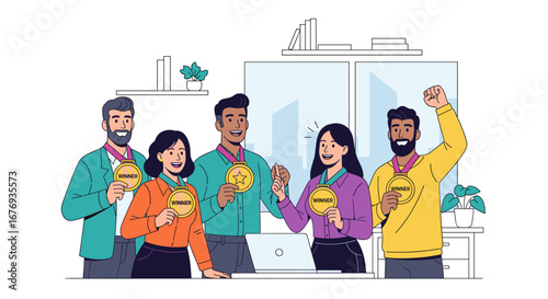 team success vector illustration, winning team, office celebration, modern flat style, teamwork concept 