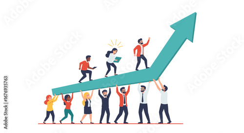 Teamwork supporting growth arrow vector illustration concept flat design success upward progress