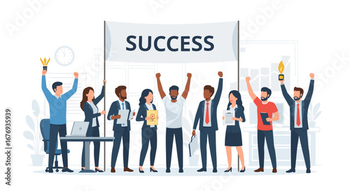 Team celebrating success with banner. Flat illustration depicting diverse group of people in office setting. Illustration with a bright color palette, conveying a positive mood.