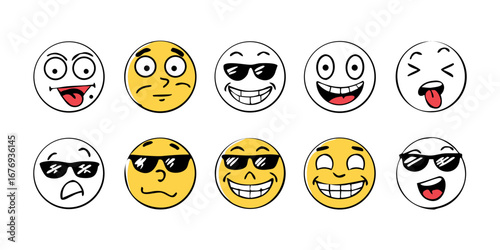 Yellow faces with various expressions cartoon illustration