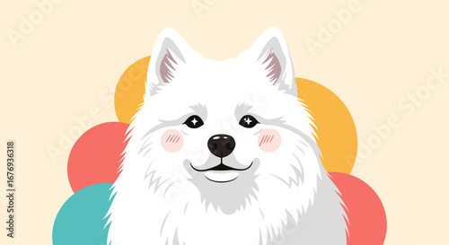 A fluffy white dog with rosy cheeks and a friendly smile surrounded by colorful circles