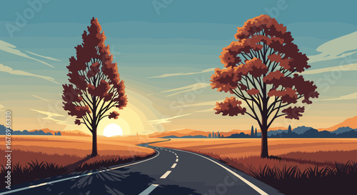 A serene autumn countryside road bathed in the warm glow of a setting sun