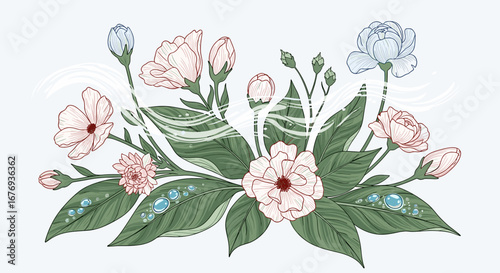 Elegant artistic flower arrangement delicate pastel hues romantic floral design illustration