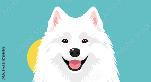 Adorable smiling white samoyed dog portrait with bright yellow sun and teal background
