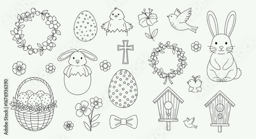 Charming hand drawn easter elements collection featuring bunnies birds eggs crosses flowers and wreaths for festive crafting projects
