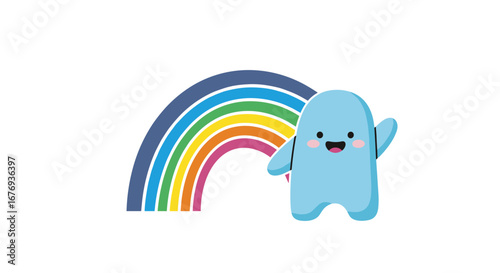 A cheerful blue blob character waving hello beside a vibrant rainbow illustration