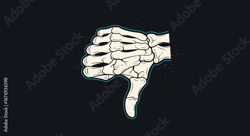 A skeleton hand giving a thumbs down gesture illustrating disapproval or failure in a dark grungy background