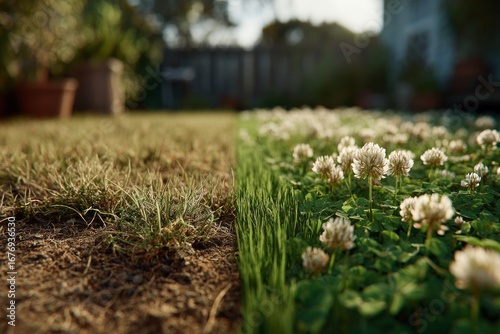 White clover flowers blooming in a vibrant green patch next to dry grass, highlighting the contrast in a backyard garden setting