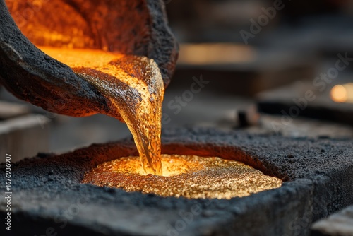 Liquid gold pouring from ladle into ingot mold in metal foundry