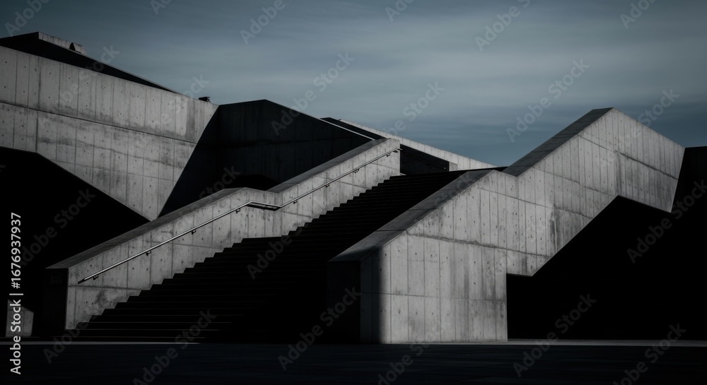 Fototapeta premium Modern Concrete Architectural Structure with Geometric Design and Dramatic Lighting