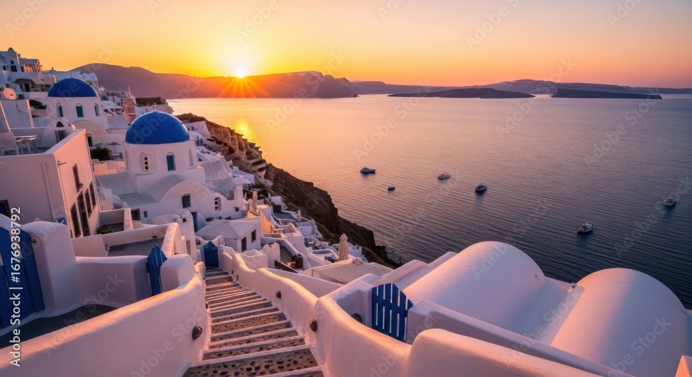 Obraz premium Sunset Over Whitewashed Buildings with Blue Domes in Coastal Village