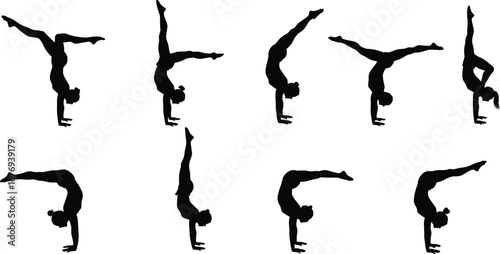 Eight, black, handstand, silhouette, variations, showing, strength, balance, flexibility, yoga, gymnastics, acrobatics, fitness, training, inverted, poses, athletic, performance, body, control