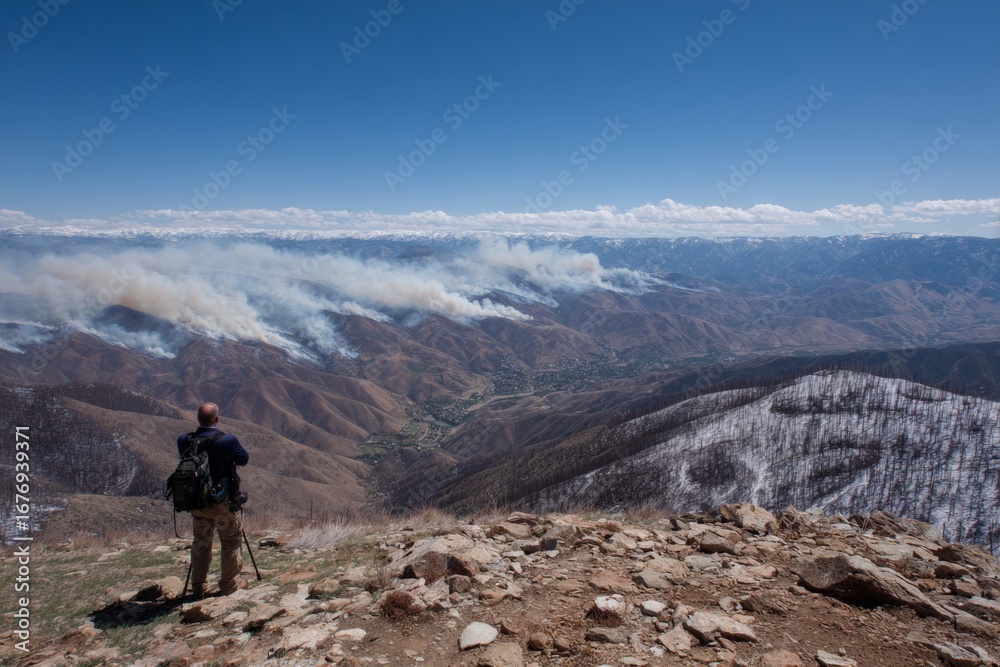 Obraz premium Silhouette of leader on mountain considers climate change and policy. Wildfire preparedness. Wildfire prevention strategy includes buying helicopters for state use. Forest recovery.