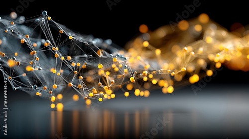 the image depicts an abstract network structure against a dark background. the structure consists of small spheres connected by thin lines, forming a complex interconnected web