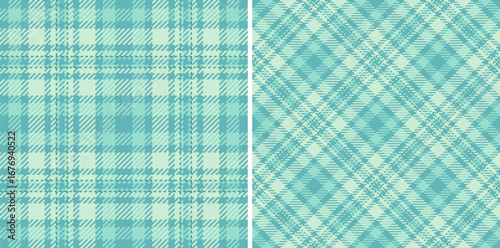 Two seamless plaid patterns with a textured effect, one straight grid, the other diagonal, in shades of teal and mint green. Perfect for textiles, backgrounds, or crafts.
