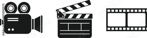 Black Icons of Vintage Movie Camera Clapperboard and Film Strip cinema