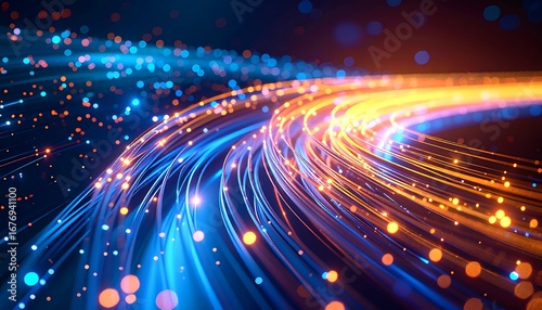 Abstract digital illustration with flowing lines of blue and orange light, creating a sense of speed and connectivity.
