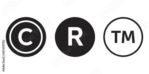 Copyright trademark and registered symbols in circles on white background icon