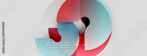 Abstract geometric shapes overlap. Red, blue, cyan hues create dynamic composition. Minimalist design with gradient effects. Modern background texture.