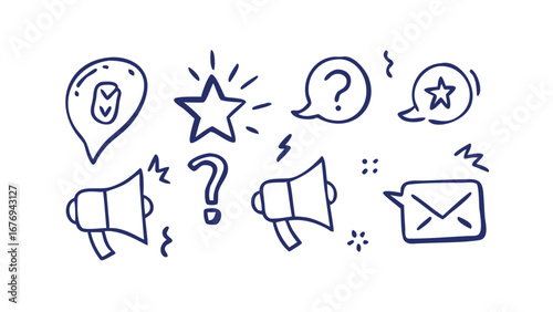 Blue doodle icons for communication and ideas doodles