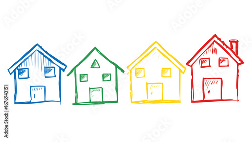 Blue green yellow red houses sketched on white drawn