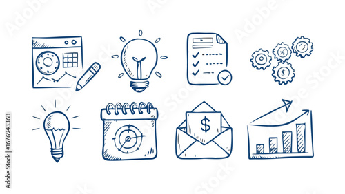 Business concept doodles with blue outlines finance planning