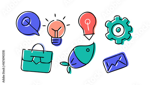 Business icons speech bubble light bulb gear briefcase rocket envelope vector