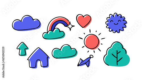 Cartoon doodle set in black ink featuring clouds rainbow heart sun tree and house