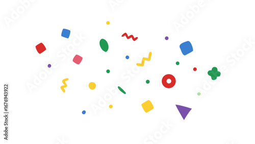 Colorful abstract shapes scattered across a white background geometric