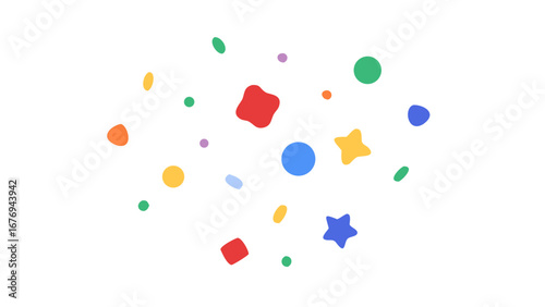 Colorful abstract shapes scattered on a white background playful