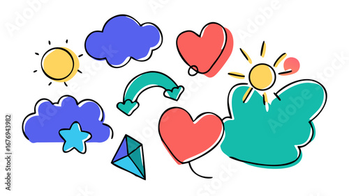 Colorful cartoon doodle elements with sun and hearts clouds