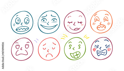 Colorful doodle faces expressing emotions expressions cartoon