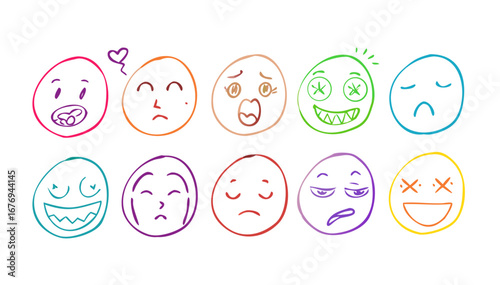 Colorful doodle faces expressing emotions expressions