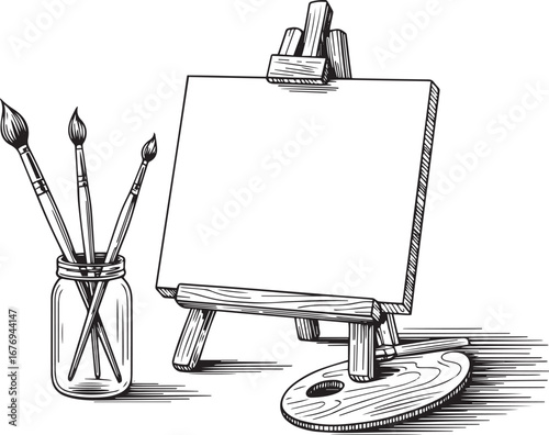 Black and white line art illustration of an artist workspace with easel canvas paintbrushes and wooden palette in minimal hand drawn style