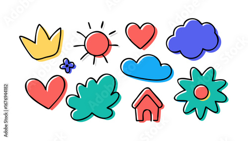 Colorful doodle icons of nature and objects crown heart