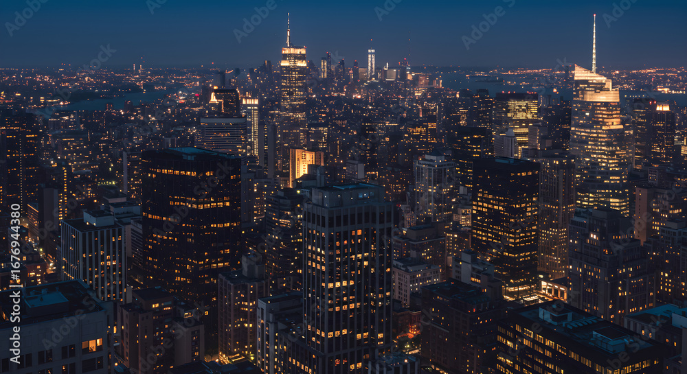Fototapeta premium New York City Skyline at Night: Majestic Urban Landscape with Twinkling Lights