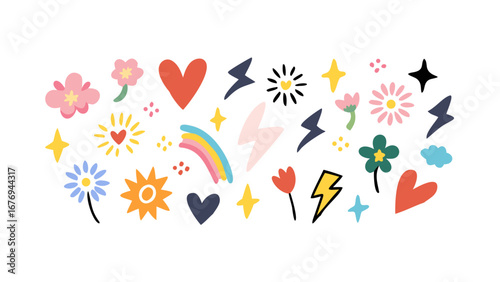 Colorful Flowers Hearts Lightning Bolts and Rainbow stars