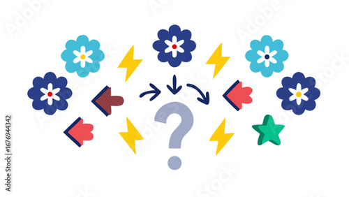 Colorful flowers lightning bolts arrows and question mark blue