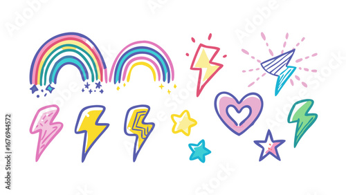 Colorful hand drawn rainbows lightning bolts and stars heart