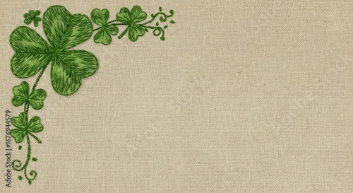 Green shamrock illustration on textured beige background  