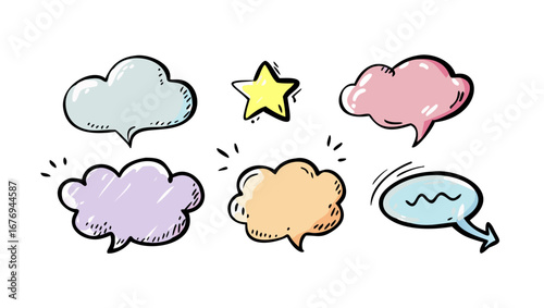 Colorful hand drawn speech bubbles and star dialogue boxes communication