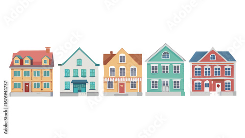 Colorful row of houses with varied architectural styles buildings architecture