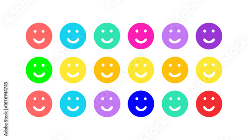 Colorful smiley faces arranged in rows icons happy